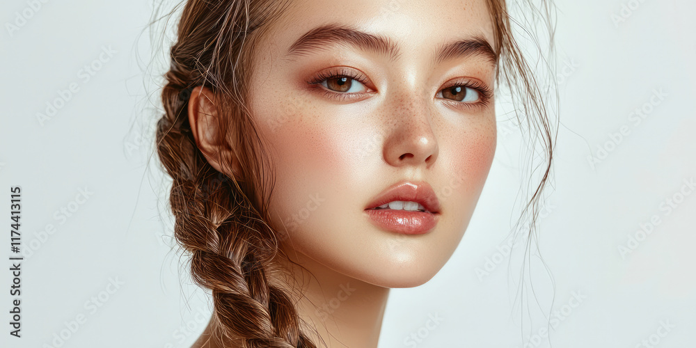 Beautiful young woman with braided hair, light background, generative AI Beautiful young woman with braided hair, light background, generative AI