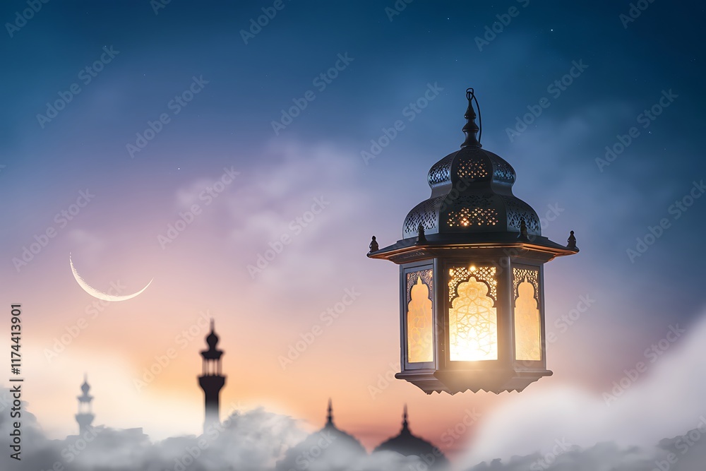 Lantern in Sky with Crescent and Mosque Lantern in Sky with Crescent and Mosque