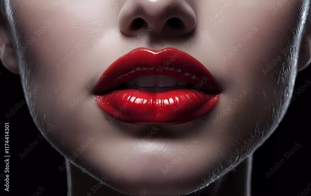 Obraz premium Red Paint dripping, lipgloss drops on lips, bright liquid paint on beautiful model girl`s mouth, black skin. Lipstick. Makeup. Beauty face makeup, close up. Isolated on black background.