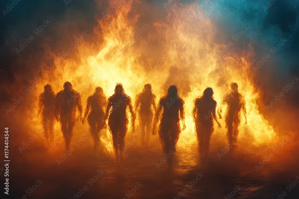 Conceptual visualization of souls entering a fiery inferno with fluid smoke effects Conceptual visualization of souls entering a fiery inferno with fluid smoke effects