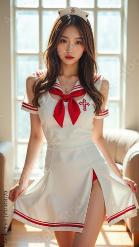 白と赤のセーラー風ナース服を着た女性が、大きな窓から差し込む自然光の中でスカートの裾を軽く持ち上げながら微笑む。柔らかな光が衣装のディテールを際立たせ、クラシックな雰囲気とモダンなスタイルが融合した印象的なシーンを演出する。