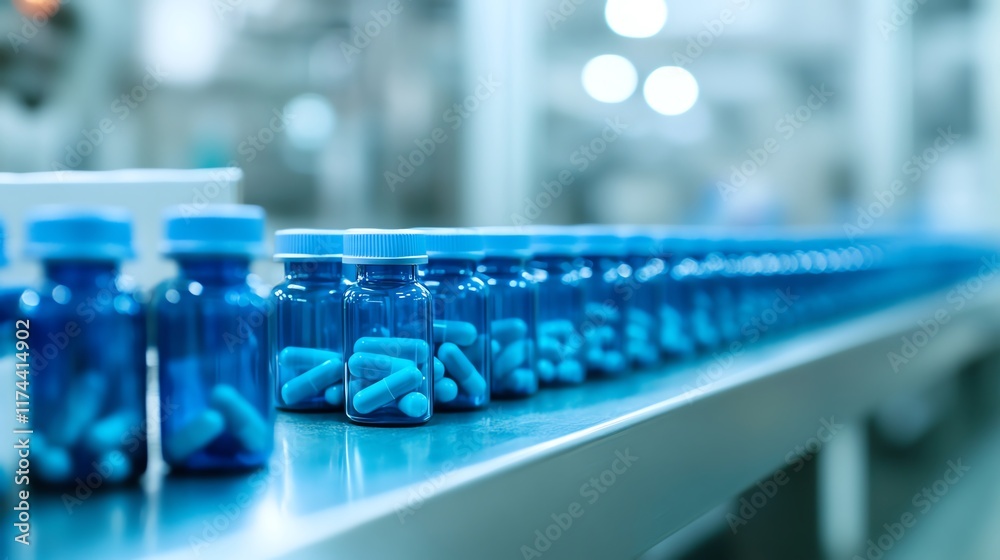 A close-up view of blue pill bottles moving down a production line in a pharmaceutical manufacturing facility. A close-up view of blue pill bottles moving down a production line in a pharmaceutical manufacturing facility.