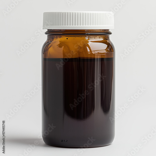 Elegant Amber Bottle Containing Black Liquid, White Background, Minimal Aesthetic photo