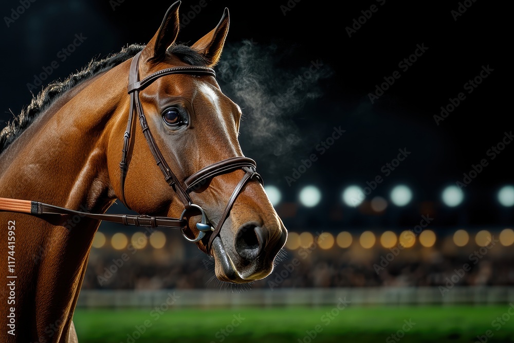 Majestic Racehorse Portrait Captured in Stunning Detail with steam rising from nostrils against a blurred background of bright stadium lights at a horse racing event Majestic Racehorse Portrait Captured in Stunning Detail with steam rising from nostrils against a blurred background of bright stadium lights at a horse racing event