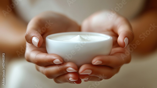 Close-up of a pair of elegant, well-manicured womanhands gently holding a sleek, white bottle of cream. photo