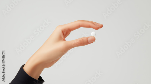 Close-Up of Korean Hand Holding a White Pill in Pinching Gesture on Clean White Background photo