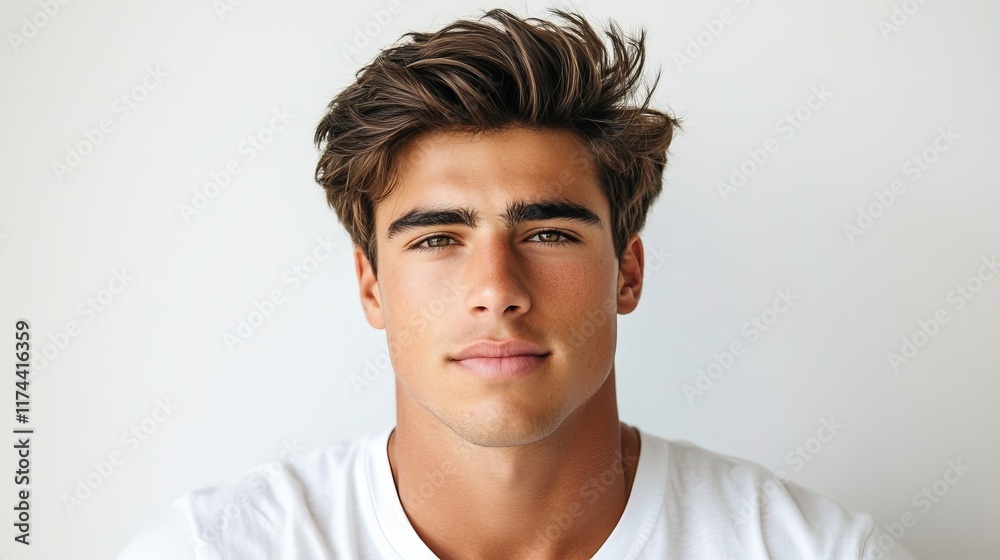 Male Model Displaying Confidence with Enhanced Features Against Simple Background Male Model Displaying Confidence with Enhanced Features Against Simple Background