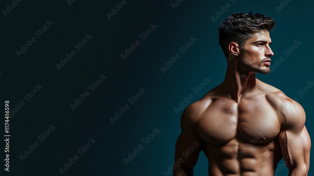 Male Model Showcasing Enhanced Pectoral Muscles in Dramatic Lighting and Angled Pose Male Model Showcasing Enhanced Pectoral Muscles in Dramatic Lighting and Angled Pose