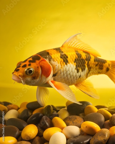 a aquarium one koi fish with stones and seaweed photo