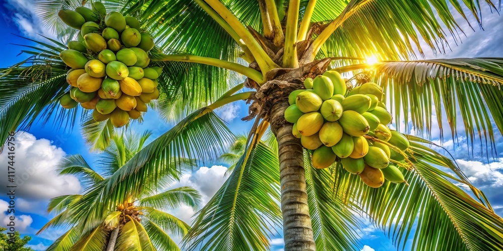 Fototapeta premium Abundant Coconuts Hanging on Lush Coconut Palm Tree in Tropical Paradise
