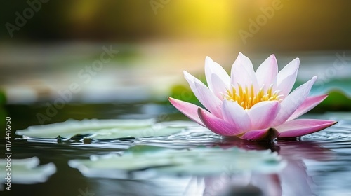 Serene Lotus Flower Floating on Calm Water Surrounded by Lush Green Aquatic Plants