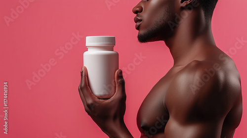 Sophisticated White Supplement Bottle Held by Model in Fitness Outfit, Chin Down Composition photo