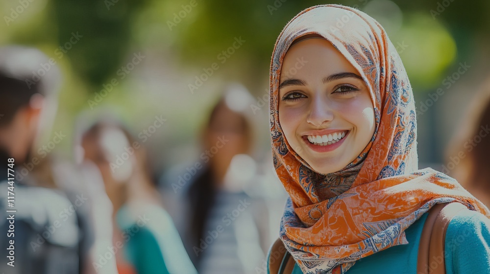 Smiling Middle Eastern Woman in Headscarf Engaging in Volunteer Work Outdoors Smiling Middle Eastern Woman in Headscarf Engaging in Volunteer Work Outdoors