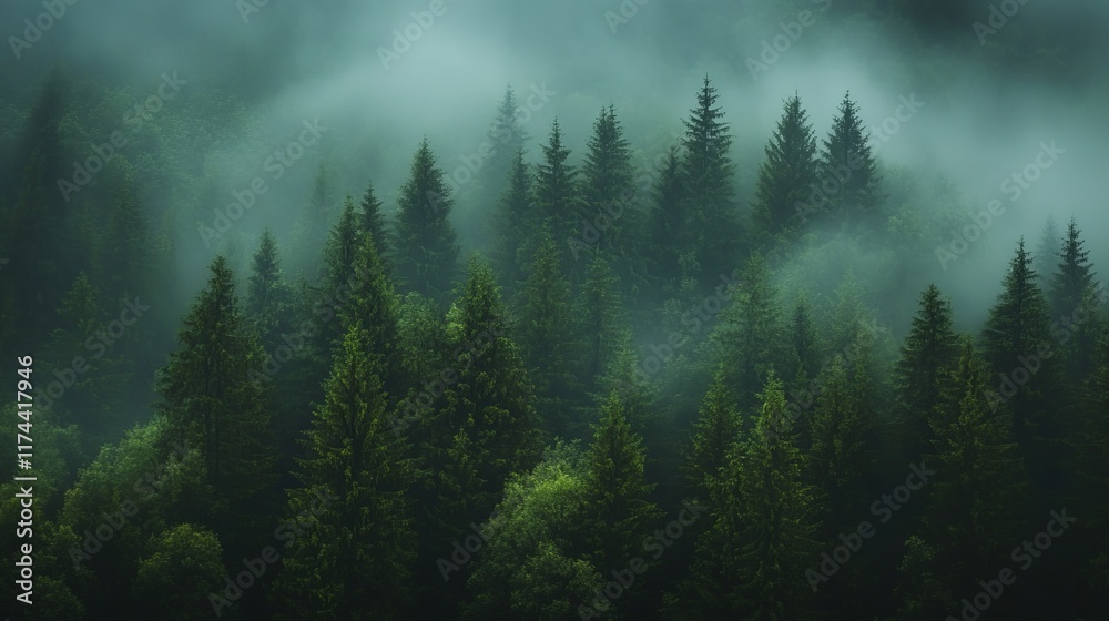 Lush Green Forest with Tall Trees Enveloped in Mist After a Light Rainfall Lush Green Forest with Tall Trees Enveloped in Mist After a Light Rainfall