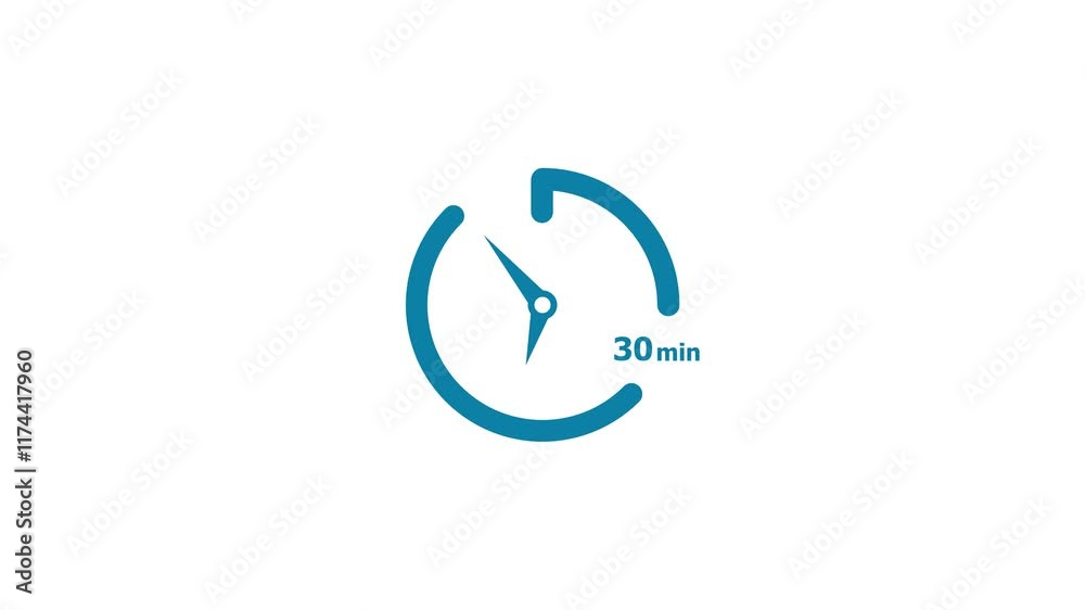 30 minute clock icon timer colorful animation. Abstract white background 4k video. 30 minute clock icon timer colorful animation. Abstract white background 4k video.