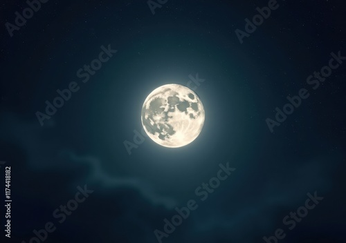 Full moon illuminates the night sky over a peaceful landscape with soft clouds