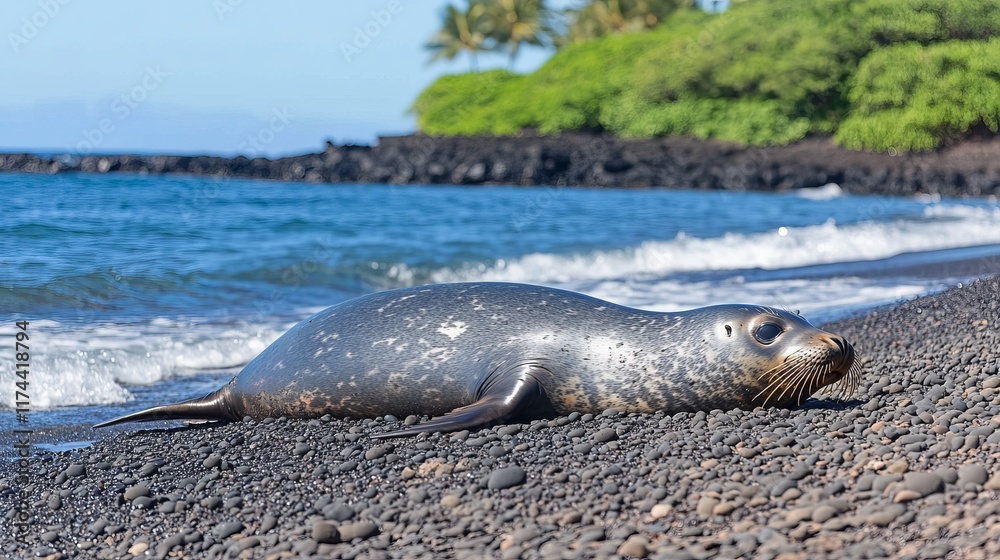 Obraz premium Basking Seal on Rocky Shoreline with Ocean Waves in a Tropical Environment