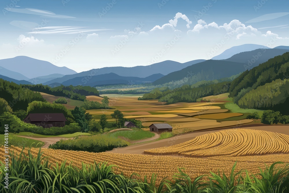 Fototapeta premium Scenic rural landscape with rolling hills, golden fields, vibrant vegetation, and a serene sky in a picturesque countryside setting