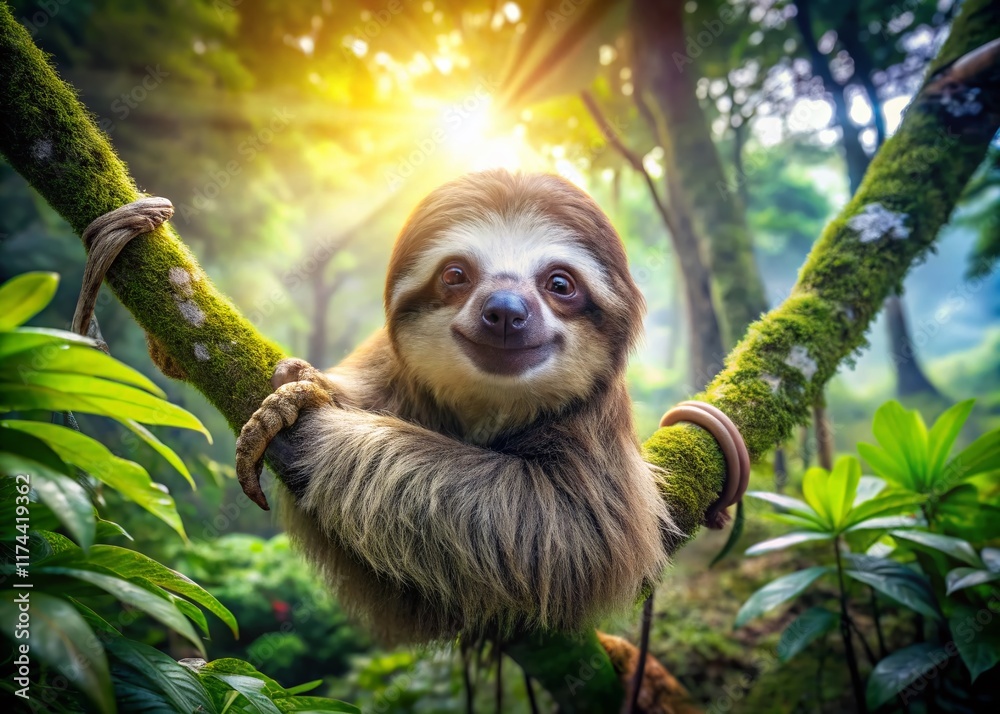Fototapeta premium Adorable Brown and White Sloth Hanging on Tree Branch, Rainforest Wildlife, Cute Animal Photography