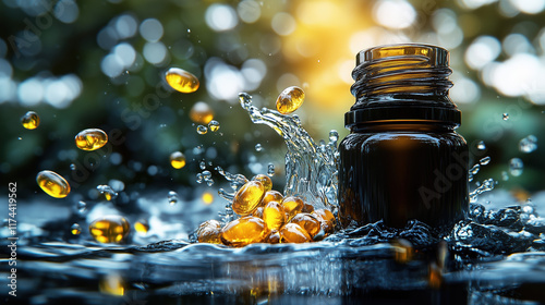 Dynamic Product Display: Black Bottle Releasing Algue Oil Capsules Amid Water Splashes photo