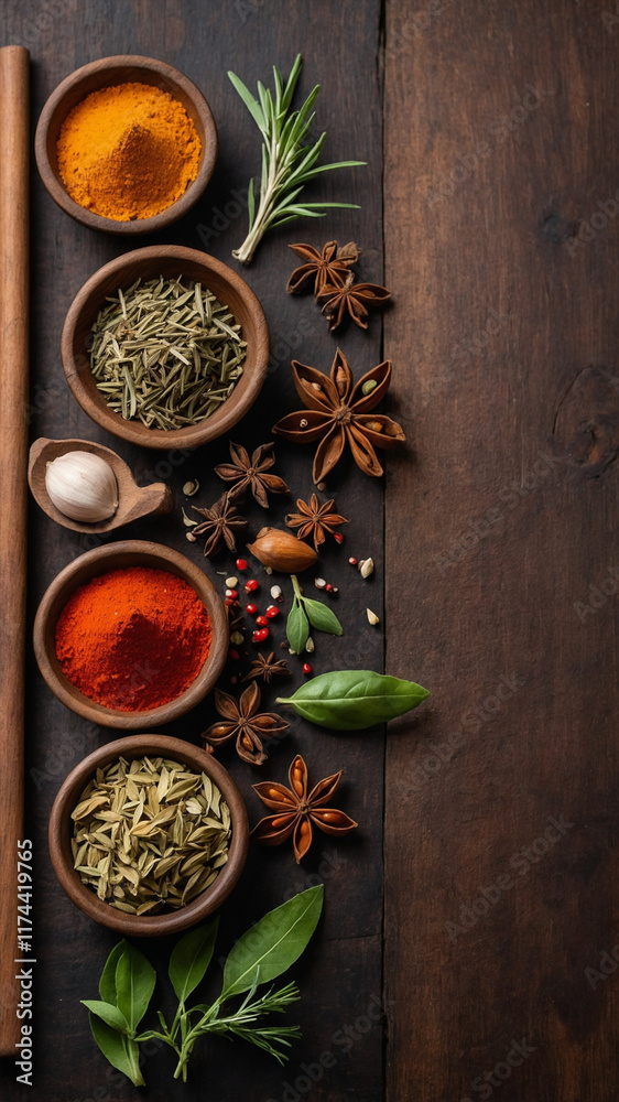 Assorted Spices and Herbs in Bowls on Rustic Wooden Background, Flat Lay Copy Space Assorted Spices and Herbs in Bowls on Rustic Wooden Background, Flat Lay Copy Space