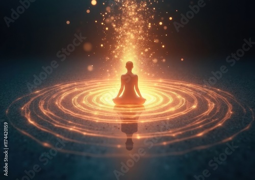 Meditating figure surrounded by glowing light and circular energy patterns
