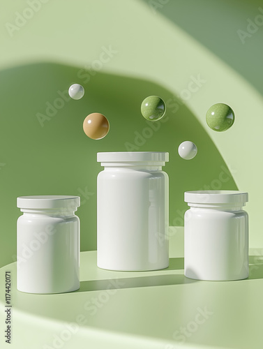 Three White Vitamin Jars with Levitating Spheres of Vitamin C, Vitamin D, and Zinc on Light Green Background photo