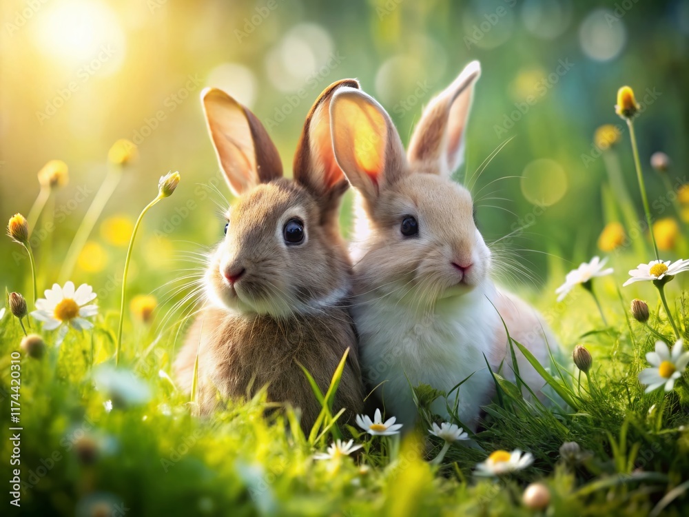 Fototapeta premium Adorable Bunny Pair: White & Brown Rabbits Cuddle in Sunny Meadow