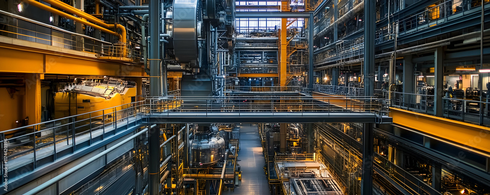 Industrial interior architecture. Complex machinery and metal structures. Industrial interior architecture. Complex machinery and metal structures.