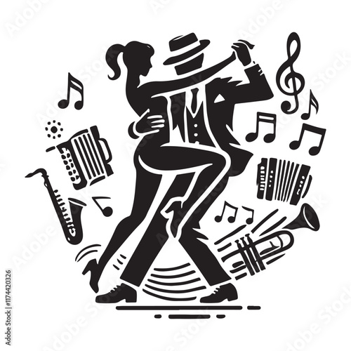 Jive Silhouette Vector Illustration, Solid White Background.