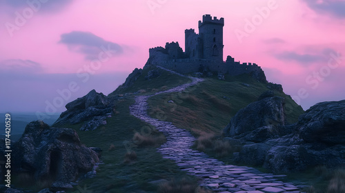 Majestic castle atop a hill at sunset.