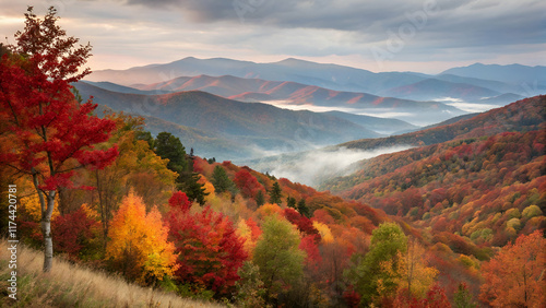 Stunning mountain autumn landscape with vibrant foliage, rolling hills, and misty peaks, creating a serene and colorful seasonal scene