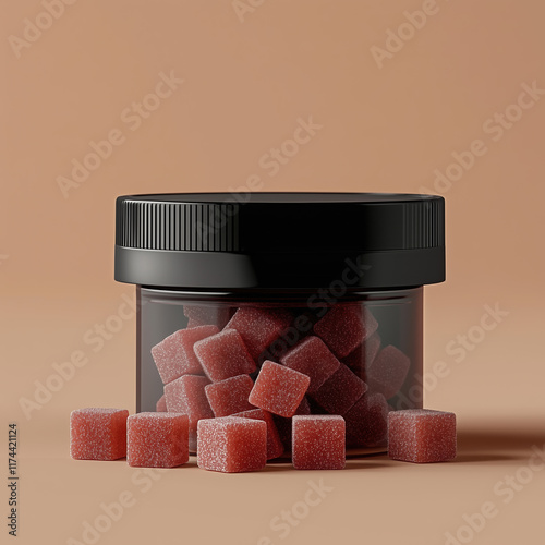 Product Photography of Black Plastic Jar with Red Gummies on Brown Gradient Background. photo