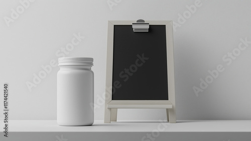 Empty White Plastic Pill Jar Mockup with Black Clipboard on Minimalist White Background. photo