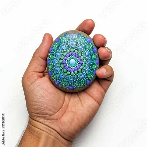 hand holding blue green mandala painted stone isolated on white background photo