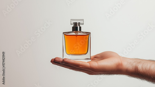 Close-up of Man’s Hand Holding Perfume Bottle Against Clean White Background. photo