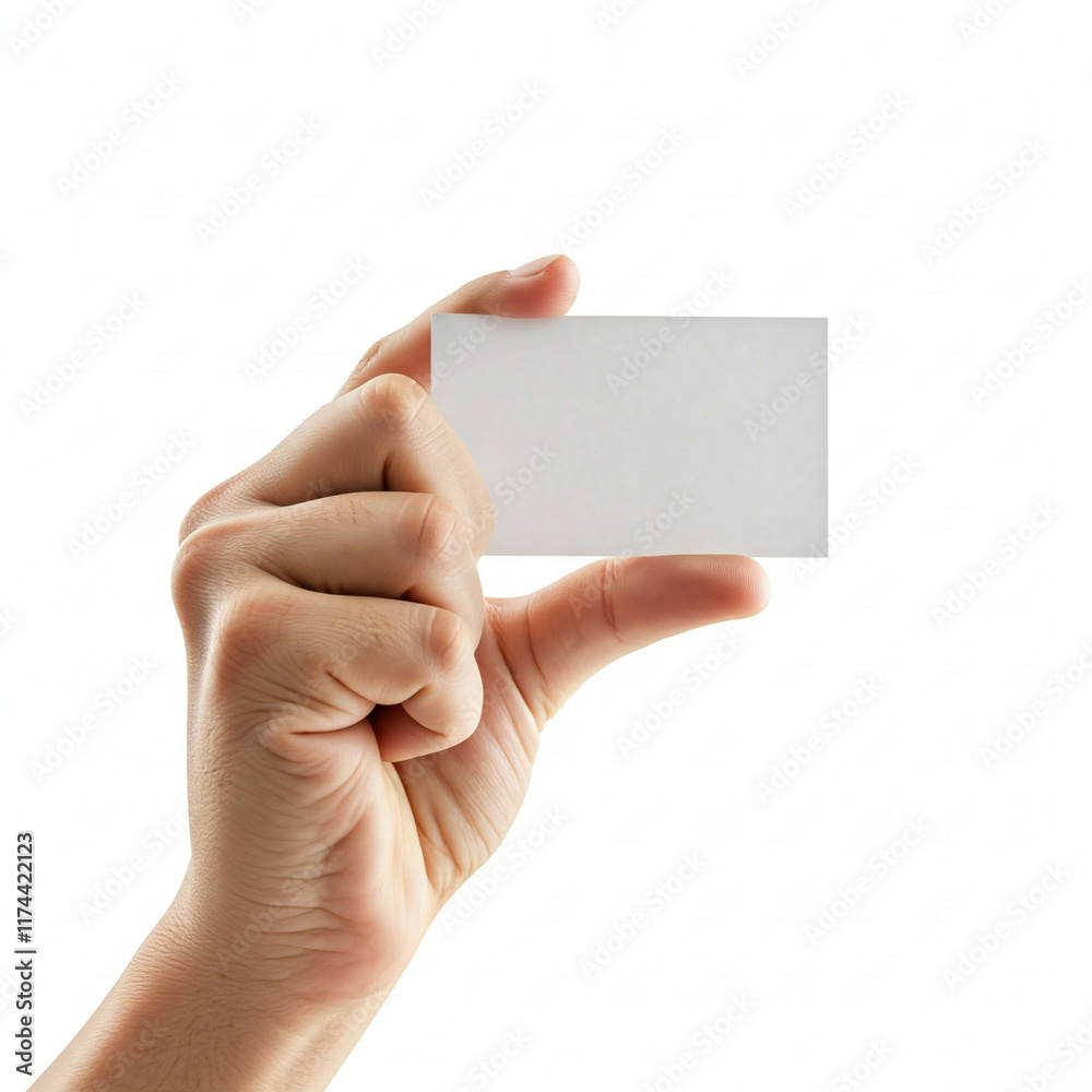 Fototapeta premium closeup of hand holding blank white card isolated on white background