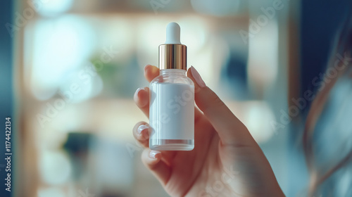 Close-up of Female Hand Holding Bottle with White Background. photo