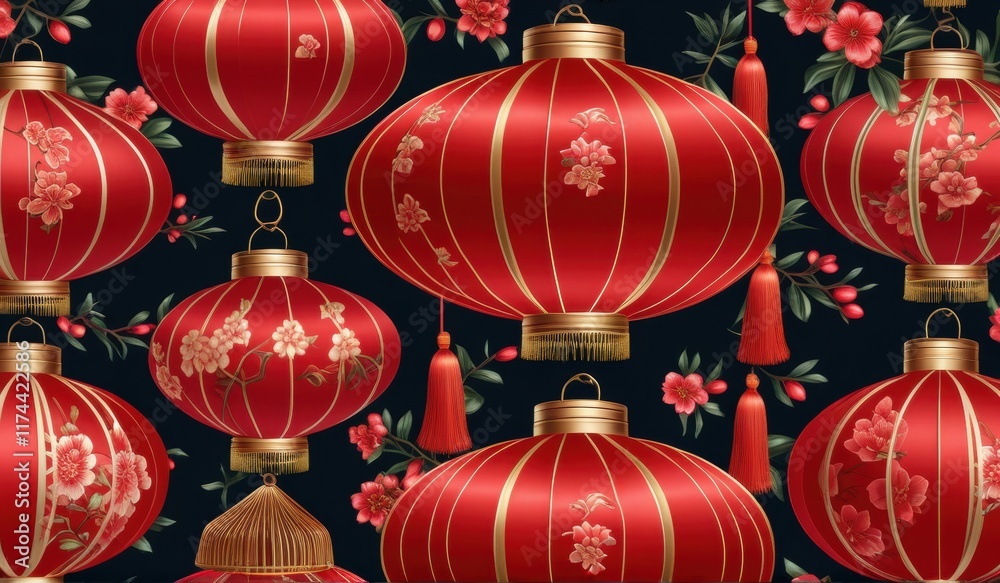 A vibrant pattern of red Chinese lanterns and delicate pink blossoms against a deep black background.