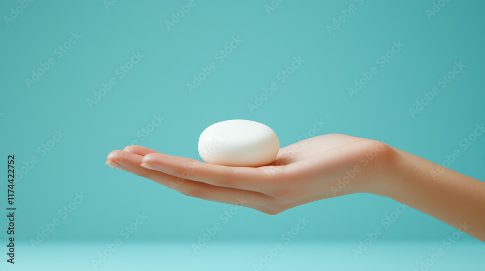 Close-Up of Woman’s Hand Holding a Round White Soap Bar on Light Blue Background, Studio Lighting Close-Up of Woman’s Hand Holding a Round White Soap Bar on Light Blue Background, Studio Lighting