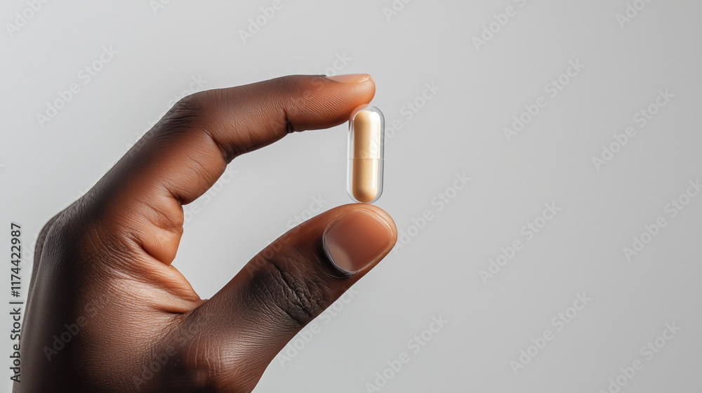Close-Up of Male Hand Holding Small Transparent Capsule with Powder, Focused on Fingertips and Detail Close-Up of Male Hand Holding Small Transparent Capsule with Powder, Focused on Fingertips and Detail