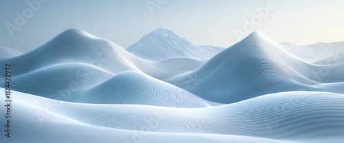 Serene, minimalist abstract landscape of rolling hills and mountains under a soft, light sky.