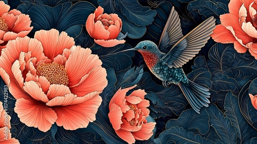 Hummingbird amidst blooming coral peonies.
