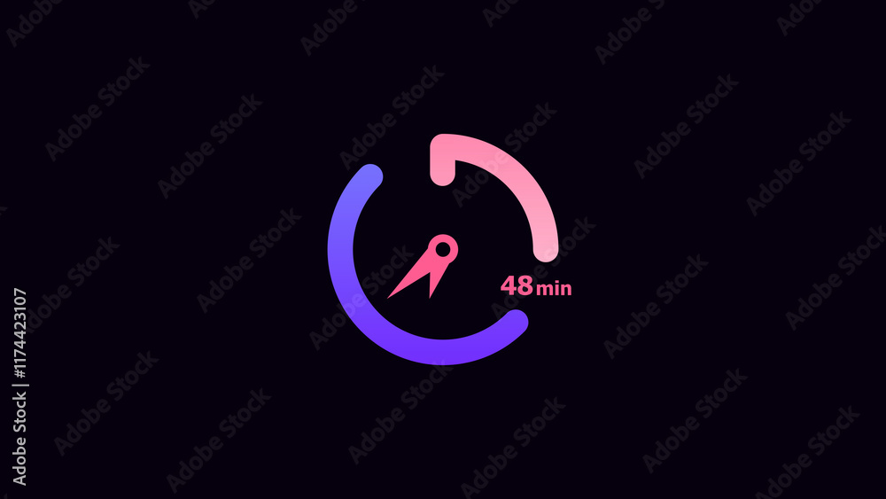 48 minute clock icon timer colorful 4k illustration. Abstract black background 4k illustration. 48 minute clock icon timer colorful 4k illustration. Abstract black background 4k illustration.