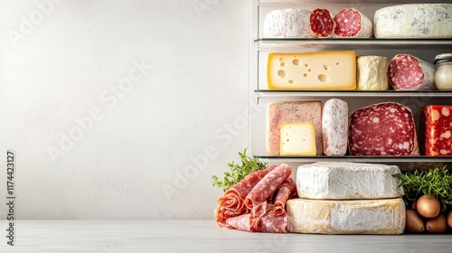 Deli counter filled with cold cuts and cheeses, neutral background
