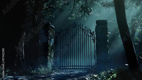 Mystical Forest Gate: A Dark and Enigmatic Night Scene photo