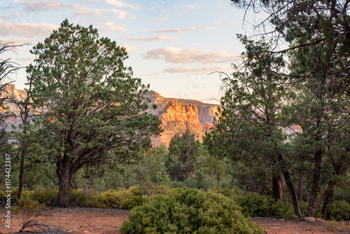 Rural landscape in the foreground of towering redrock mountains