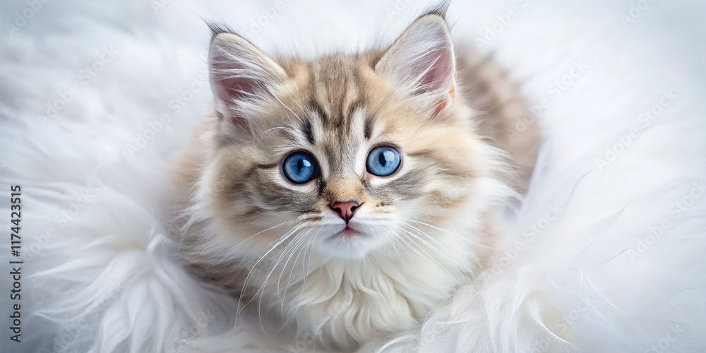 Adorable Fluffy Kitten with Striking Blue Eyes on White Background - Aerial View Stock Photo Adorable Fluffy Kitten with Striking Blue Eyes on White Background - Aerial View Stock Photo