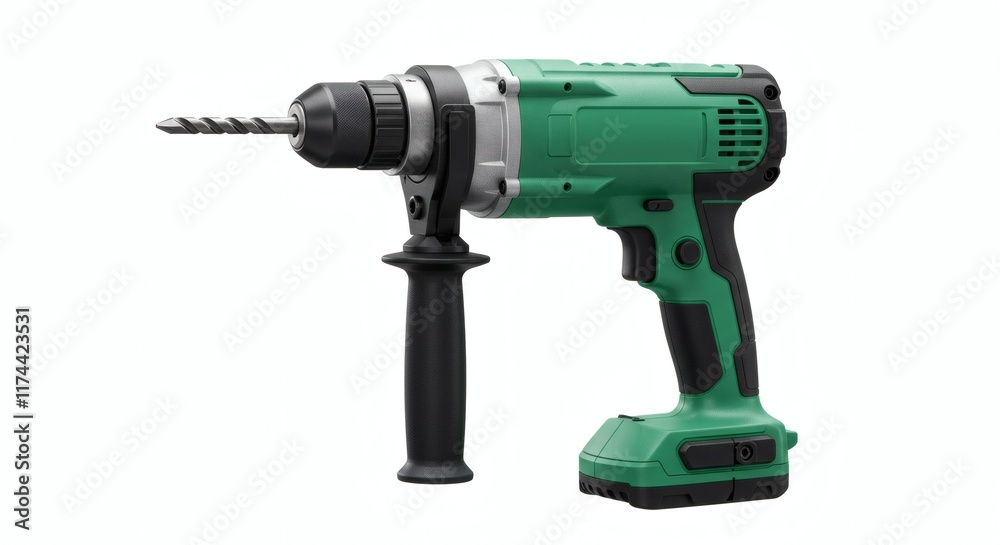 Powerful Green Cordless Drill with Bit Studio Shot Isolated on White Background Home Improvement Powerful Green Cordless Drill with Bit Studio Shot Isolated on White Background Home Improvement
