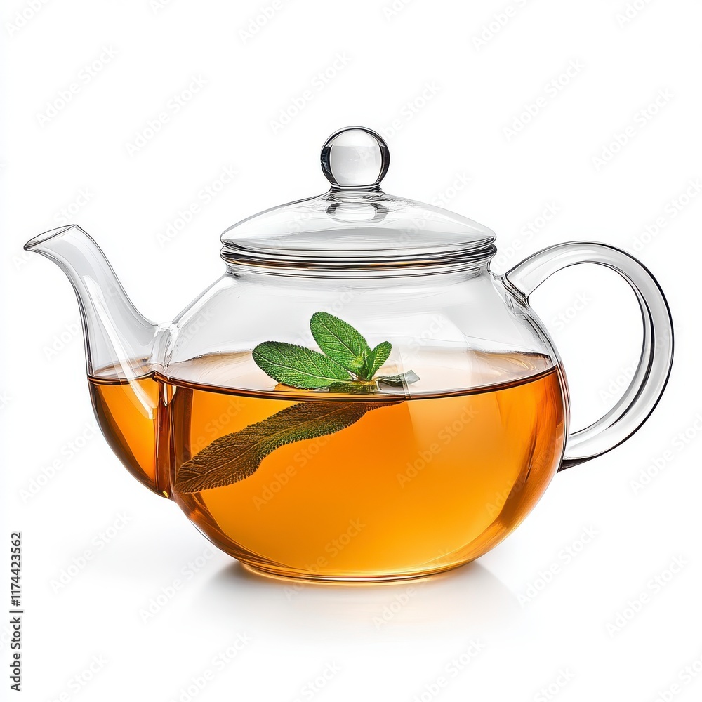 Glass Teapot with Herbal Tea and Fresh Leaves on White Background Glass Teapot with Herbal Tea and Fresh Leaves on White Background